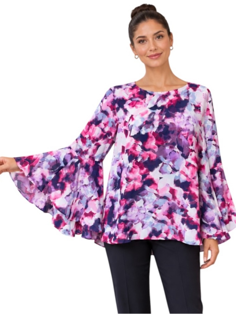 NWT Jennifer Lopez Small Abstract Floral Print Statement Bell Sleeve Blouse Chic